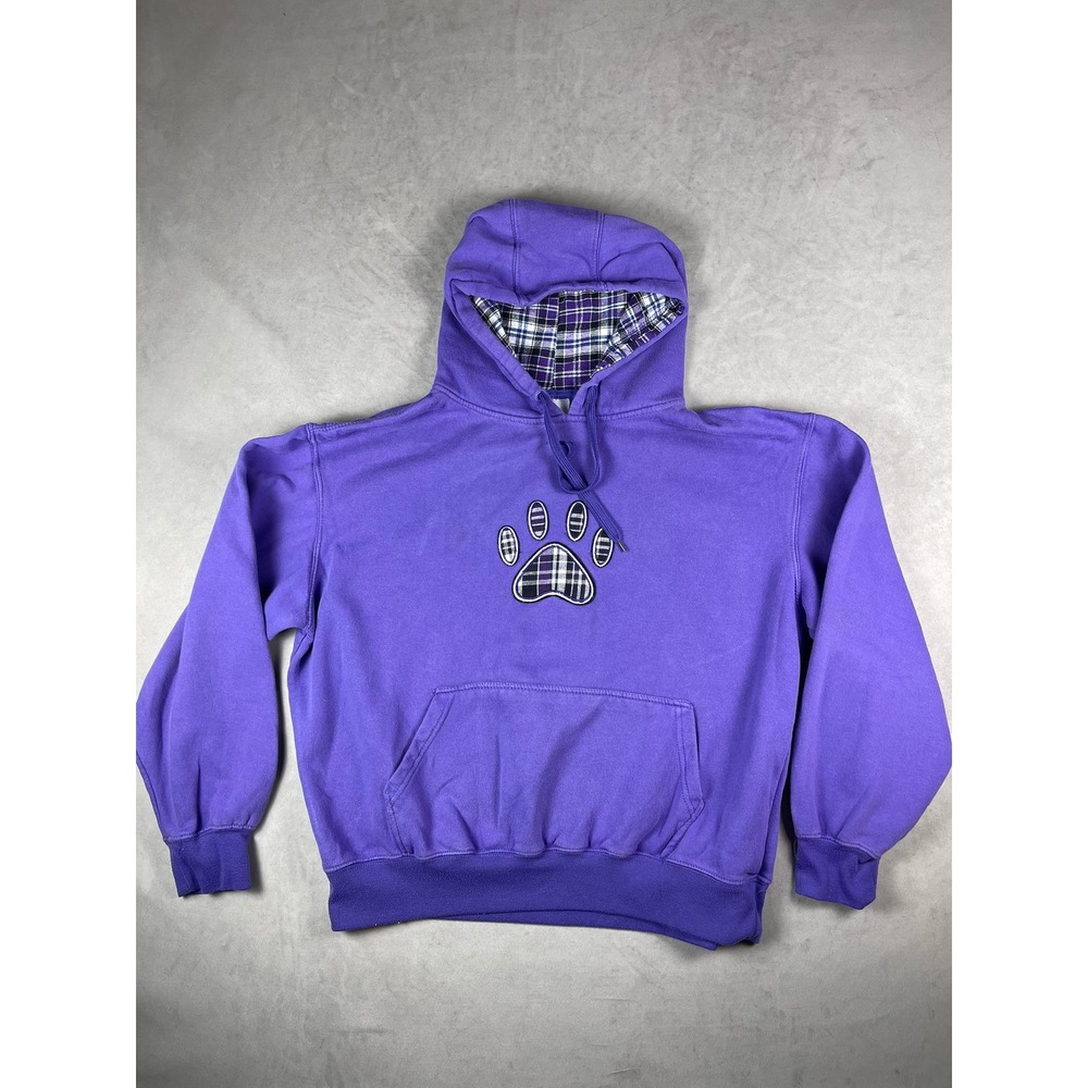 Dimco Apparel Purple Paw Print Plaid‎ Lined Fleece Hoodie Sweatshirt Womens M